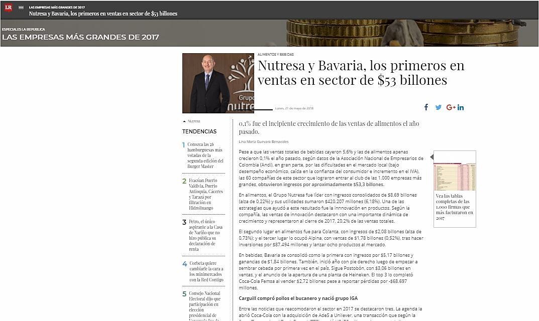 Nutresa y Bavaria, los primeros en ventas en sector de $53 billones